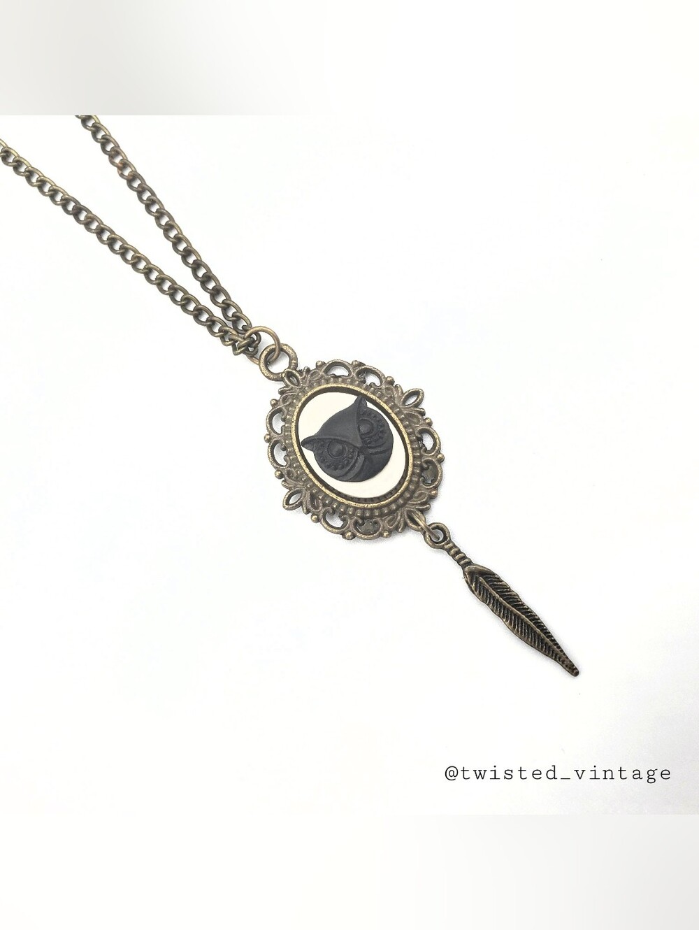 Handmade Black White Owl Cameo Feather Charm Goth Gothic Necklace